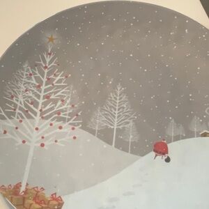 5 winter plates ,4 coordinating napkins, ,4 decoupage oyster shell napkin rings